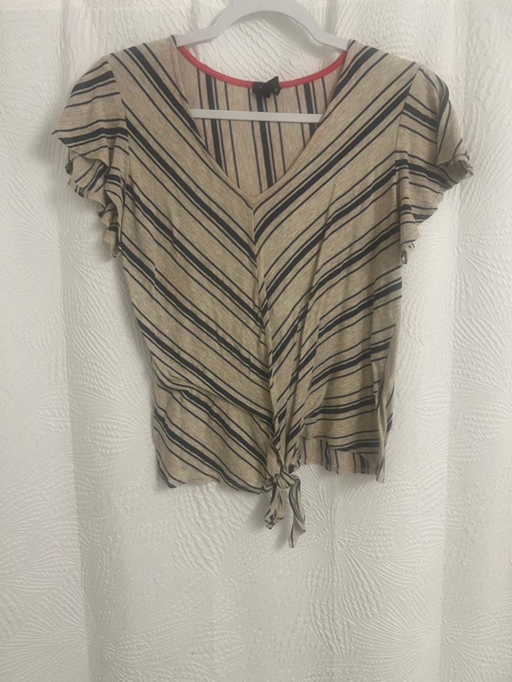 W5 Striped V-Neck Tie-Front Top in Beige and Black